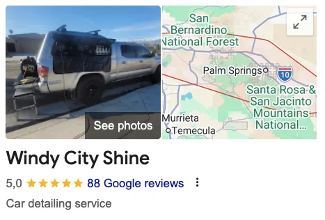 Google reviews listing for Windy City Shine showing a 5-star rating and 88 Google reviews
