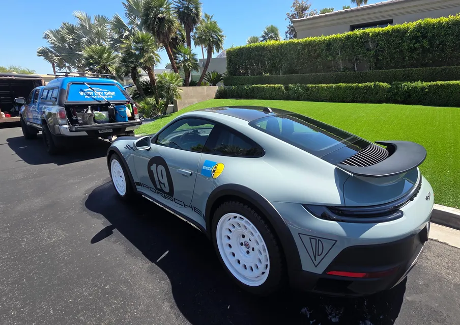 Windy City Shine detailing a silver Porsche in Palm Springs