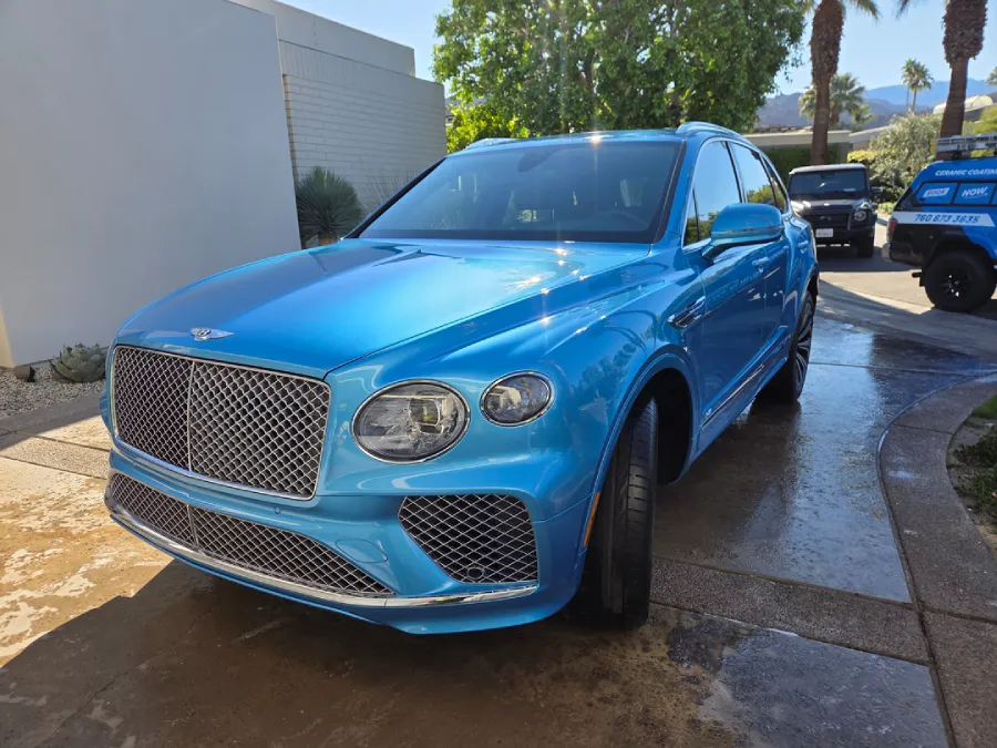 Blue Bentley SUV after mobile detailing service